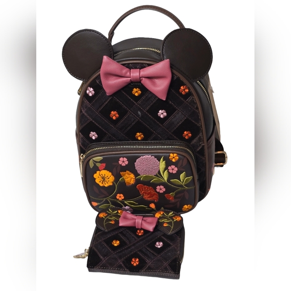 Disney Handbags - Disney Minnie Mouse Velvet Floral Interchangeable Ears Mini Backpack Wallet Set